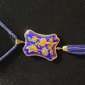 Vtg Cloisonne Butterfly & Flowers Puffy 2 Sided Pendant Necklace
